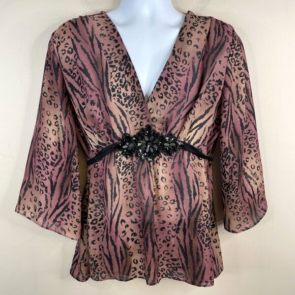 Nicole Miller Y2K Animal Print Empire Tie Back Top XLarge Beaded Edgy Mobwife - Picture 1 of 12